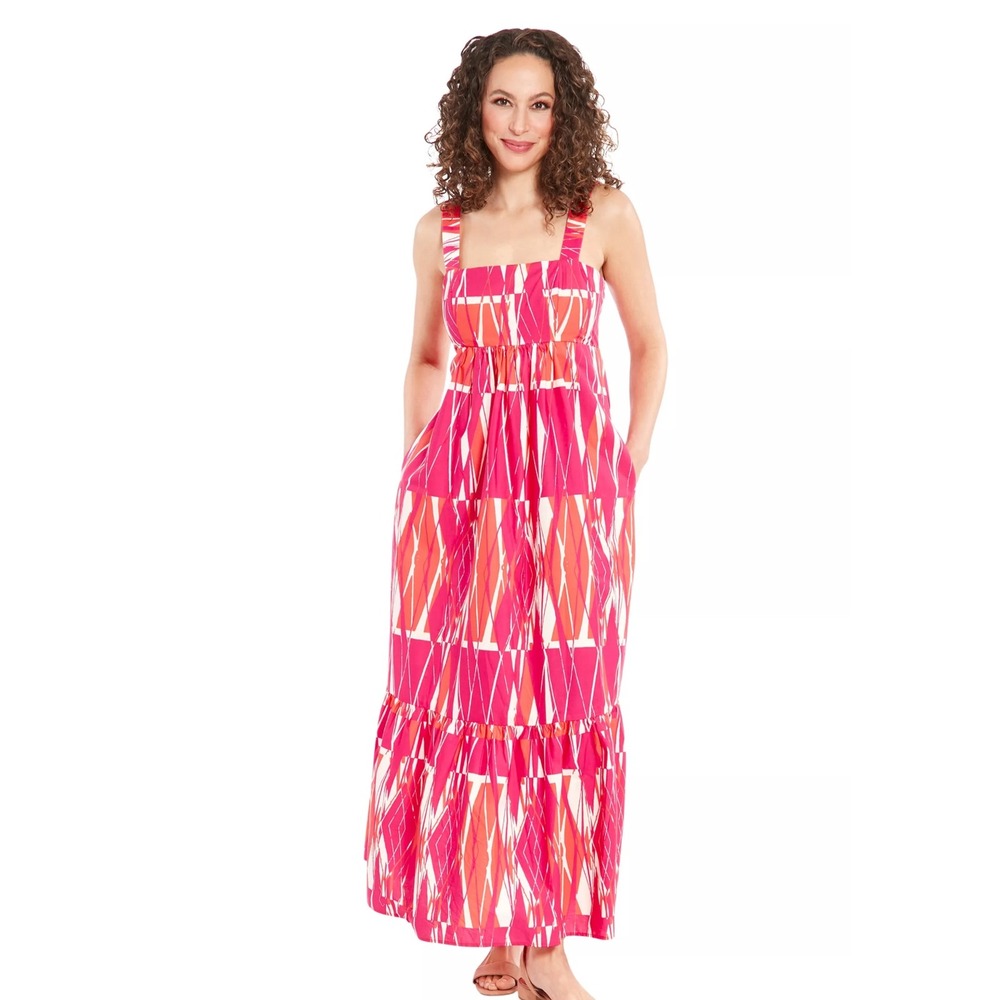 London Times Maxi Dress Womens 16 Pink Geometric Square Neck Tropical Boho NEW
